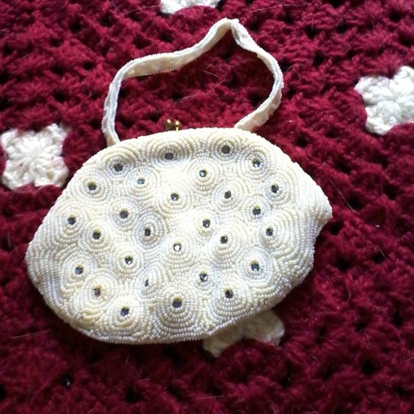 Vintange Hand Beaded White Purse - Picture 1 of 6